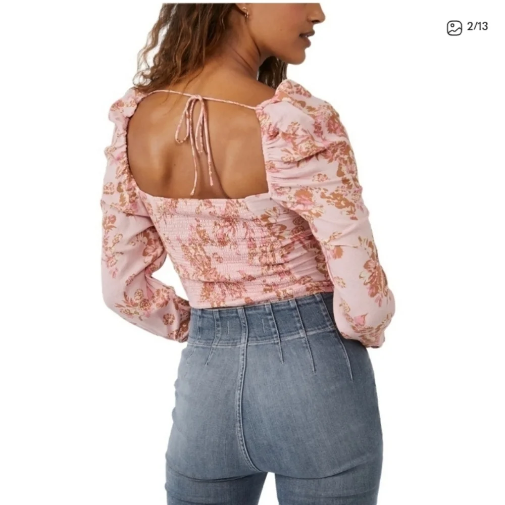 Free People Hilary Top Small Boho Long Sleeve Peasant Blouse Floral Pink Hillary
